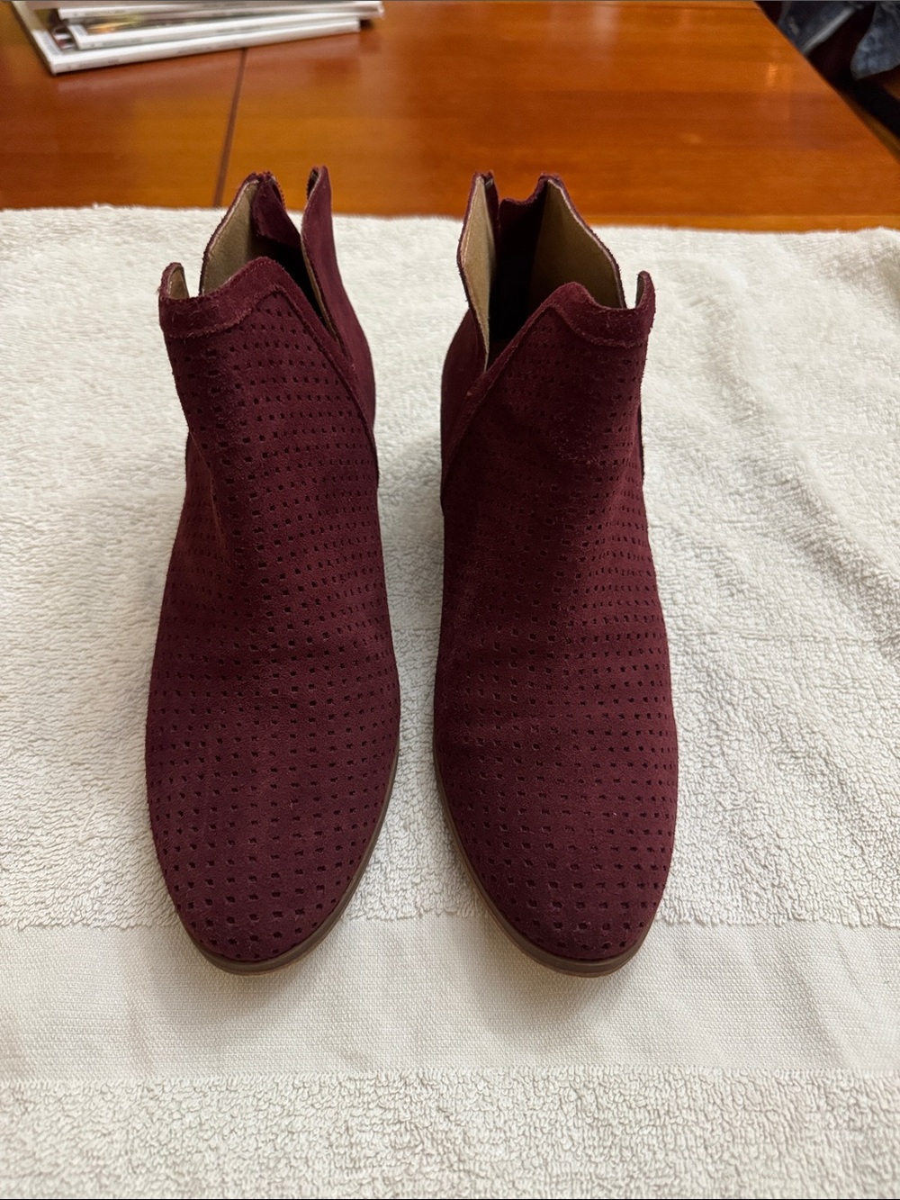 Susina Perforated Suede Ankle Boots in Burgundy Pre-Owned